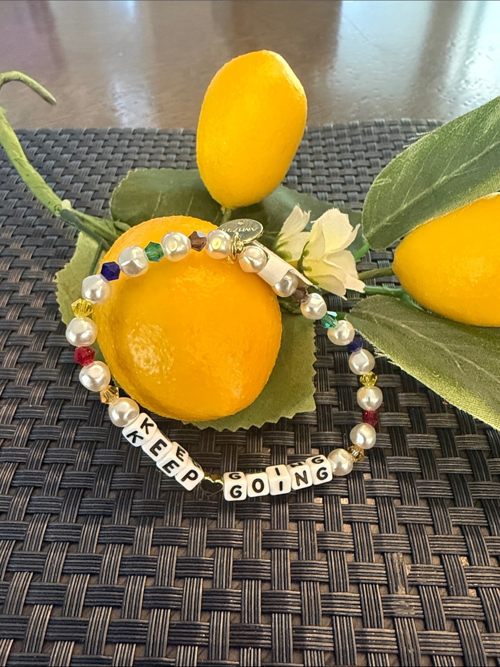 Inspirational "Keep Going" Pearl Bead Bracelet - Multicolor Accent